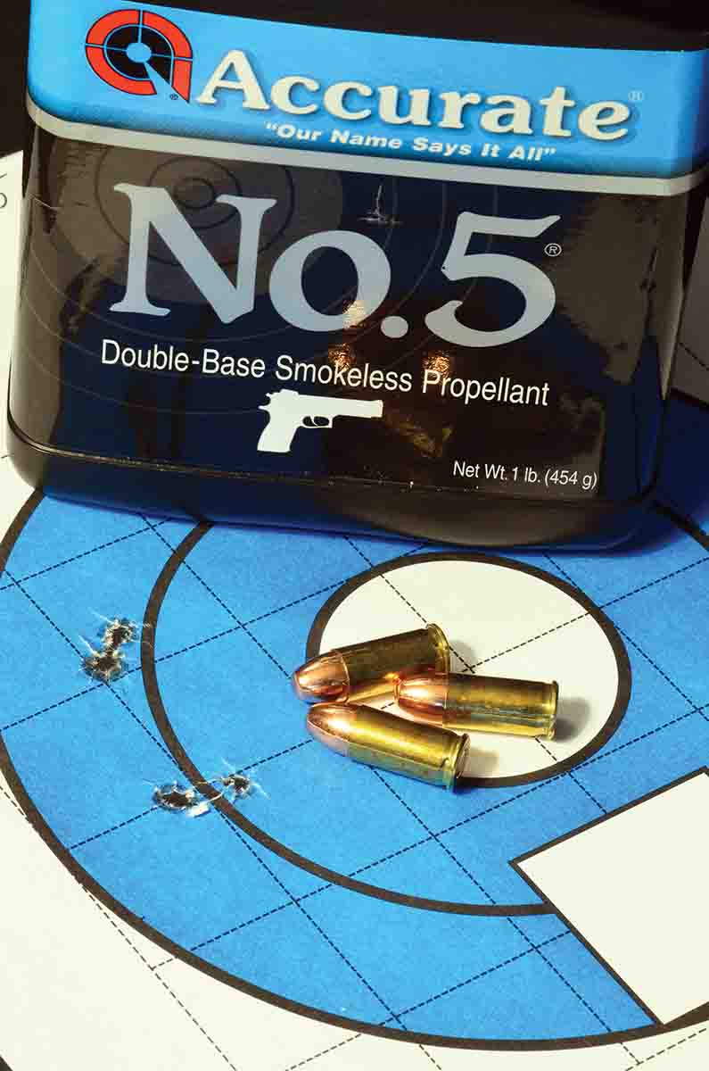 Accurate No. 5 delivered the best overall group at 1.4 inches, but it was far from the aimpoint, and using a pistol without adjustable sights. In other guns, it might put its group right where you want it.